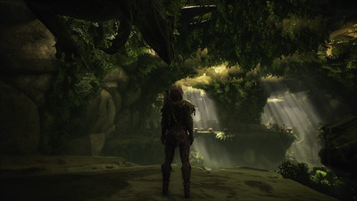 ark, pc and dino looking over a vast overgrown cavern