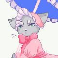 Cat in a pink dress with bows and a blue frilly parasol