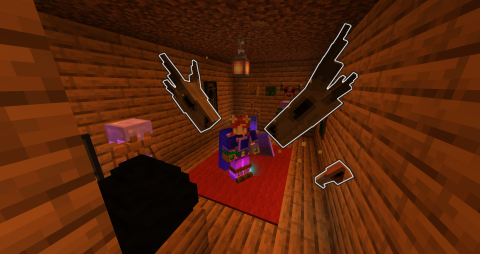 minecraft player character with modded armor standing in a trophy room with a number of skulls on the walls, and armor stands