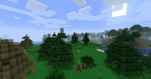 morning in a modded minecraft world, a flat biome sparsely populated by spruce trees; a river is in the distance