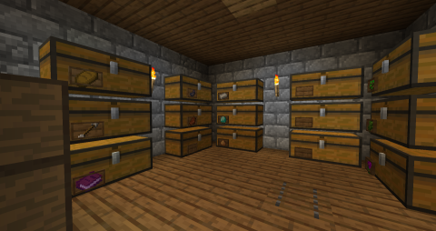small basement with labeled chests