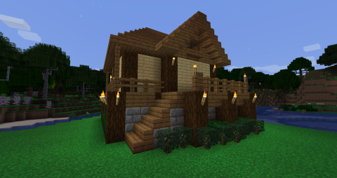 a small minecraft house, on a raised cobblestone foundation, with spruce and birch wood on top
