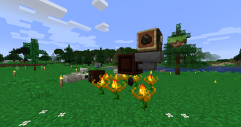 a Botania mana generation setup, with an open crate dropping charcoal onto a group of Endoflames