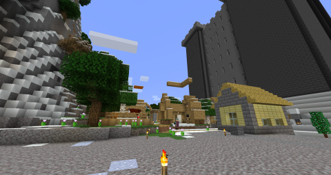 a village in a cold, gravelly biome, some of the houses are broken, while in the distance a great stone brick wall looms