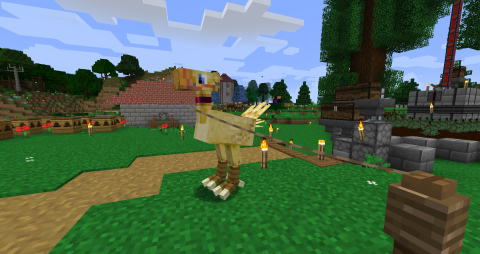 a chocobo, a large flightless yellow bird, tied by lead to a fence post