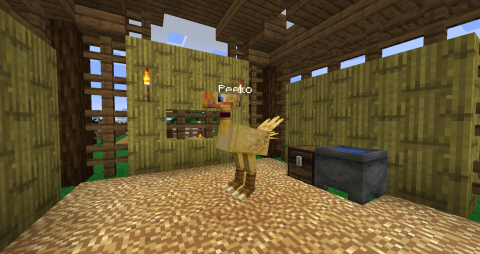 chocobo in a stable with thatched walls and straw bedding