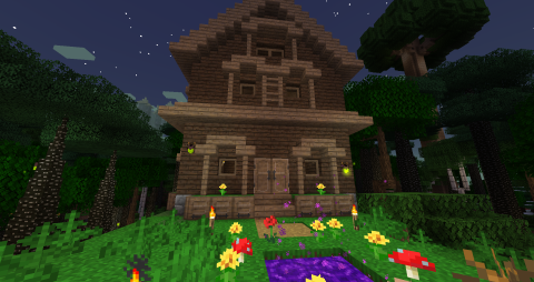 behind the twilight forest portal sits a two-story wooden house