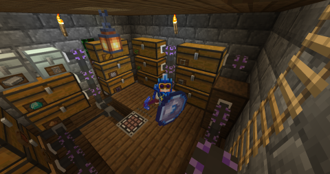 my character in her storage basement, holding an enchanted manasteel pickaxe