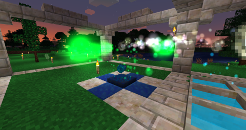 a multiblock structure of lapis and livingrock, atop which several items are surrounded by glowing green lights