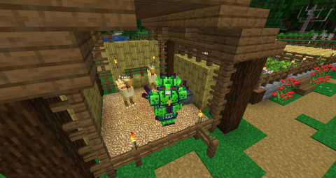 my character stands in a stable in front of two chocobos, she is arrayed in spiky green armor