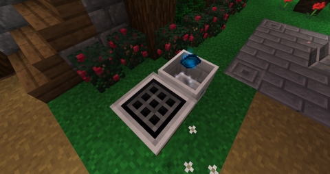 a black-and-white crafting table and a marble basin with a blue gem inside