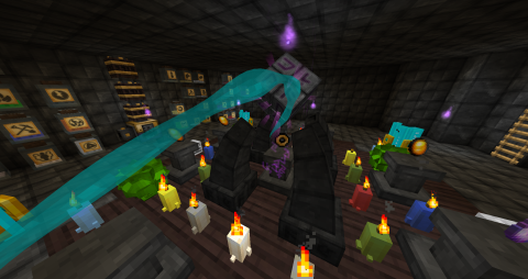 a dark stone altar with a floating cube with purple runes in the middle, surrounded by candles and with a blue liquid snaking through the air towards it
