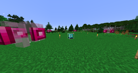 in a field a beacon sits, flanked by four floating pink pylons