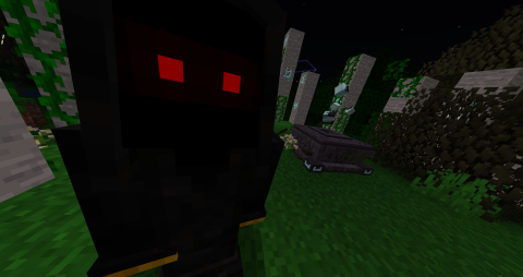 in a circle of glowing stones, a cloaked figure with red eyes stands in front of a strange altar