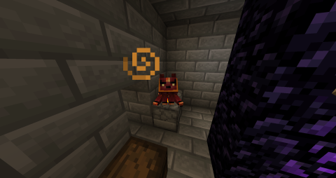 in a brick room, a red and orange dog sits on top of a furnace next to a Nether portal