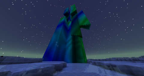 in a barren ice field stands a tall tower in shimmering blue and green hues