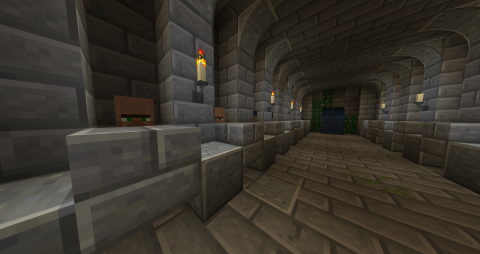 a stone room underground, with arched ceilings and villagers peeking over slabs