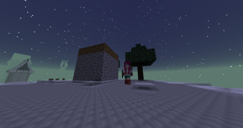 on a fluffy cloud sits an oversized cottage and tree, as a giant wielding a pickaxe walks towards the player