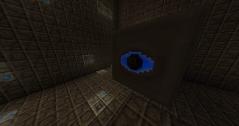 in a dimly lit stone brick room, a large cube with an eye slides towards the player