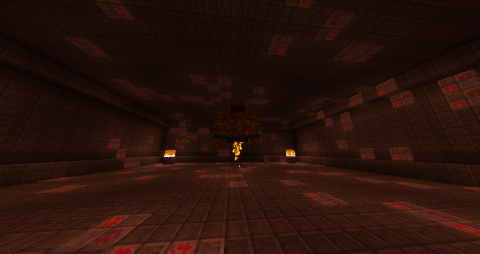 in the center of a red brick room floats a large, fiery being