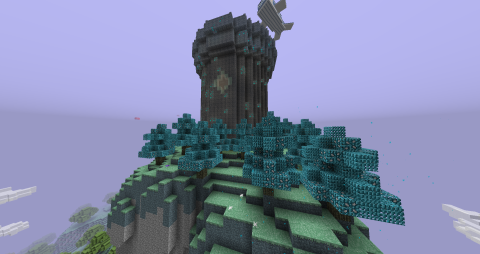 a floating island with a stone tower surrounded by crystal trees