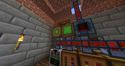 in a stone brick room is a row of machine faces, the top two with bright green panels