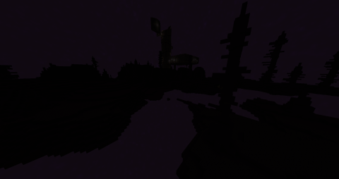 a dark, purple-dinged wasteland, with a large structure in the distance