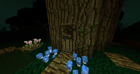 a large tree with a door in its trunk, flanked by glowing mushrooms