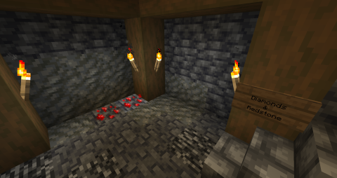 a deep underground mineshaft, framed with wooden logs, a sign on the beam says 'Diamond & Redstone'