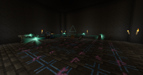 items connected by beams of light float over a rune-marked floor