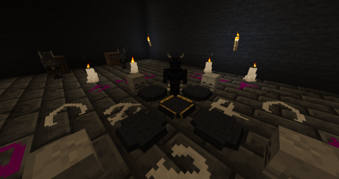 a demon stands on a summoning circle surrounded by skulls