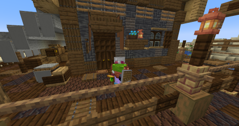 the player character stands in front of a large wooden house