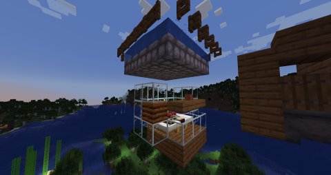 a floating construction of glass, wood, beds and stone, with villagers encased inside