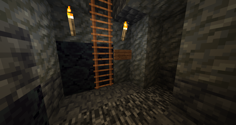 a small room surrounded by stone, with a ladder going upwards, a sign reads Diamonds & Redstone