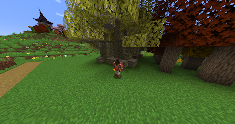 the player character stands in front of a grove of trees