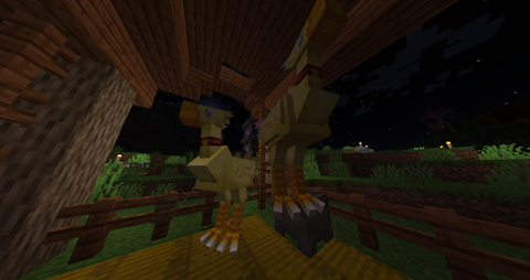two large yellow birds stand in a straw-lined stable