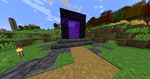 an ominous purple portal swirls, surrounded by dark blocks