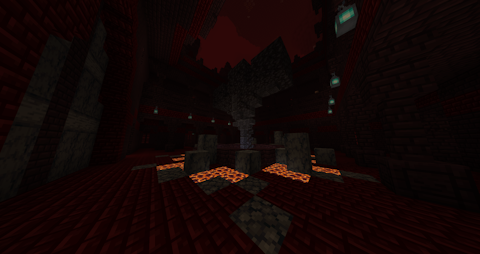 a great basalt statue of a Wither looms over a Nether Fortress