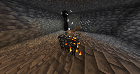 an Enderman stands next to a spawner with a lever on top