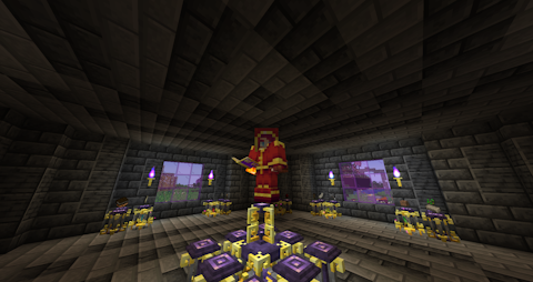 the player character, wearing red and gold robes, stands atop an enchanting apparatus holding a spellbook
