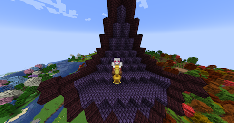 the player character on a golden chocobo, standing atop a purple spired roof