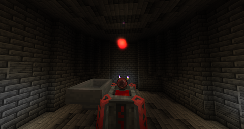 a dark altar sits in a circular room, filled with a red liquid