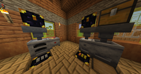 several machines and ender chests connected by hoppers in a wooden house