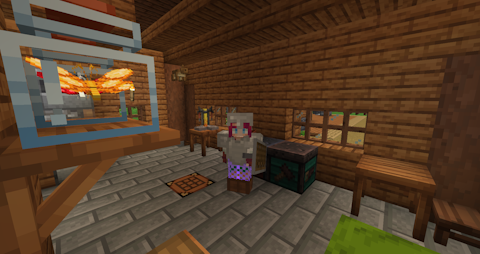 the player character stands in her house, in front of a smithing table and another table with a hammer on it
