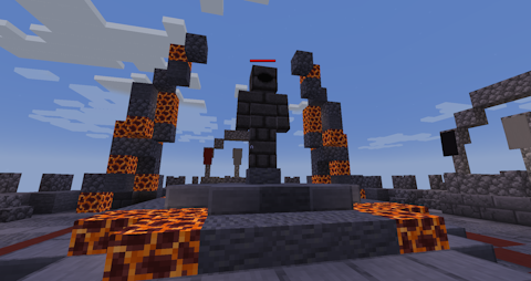 a tall stone brick cyclops stands atop an altar of stone and magma
