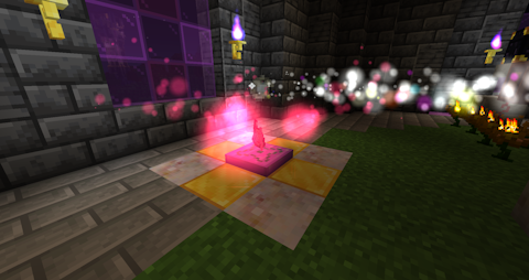 atop a gold and shimmering rock platform several items are bathed in orbs of pinkish light