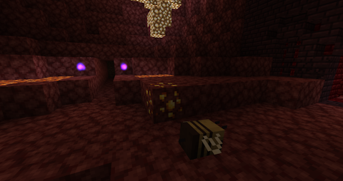 a Gold Bee flies around a hive in the Nether Wastes