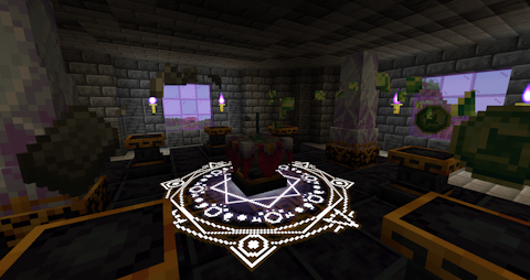 floating items on pedestals are drawn to an altar above a magic circle sitting on a dark stone forge