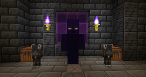 a large purple humanoid stands flanked by two smaller demons