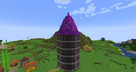 a large dark brick wizard tower with a purple and magenta roof